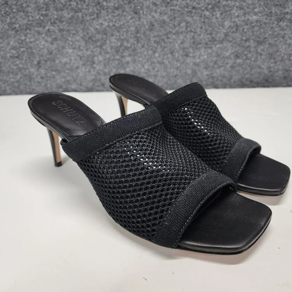 Schutz Sinara True Black Strap Slip On Open Toe Stiletto Mid Heeled‎ Sandals 7B
